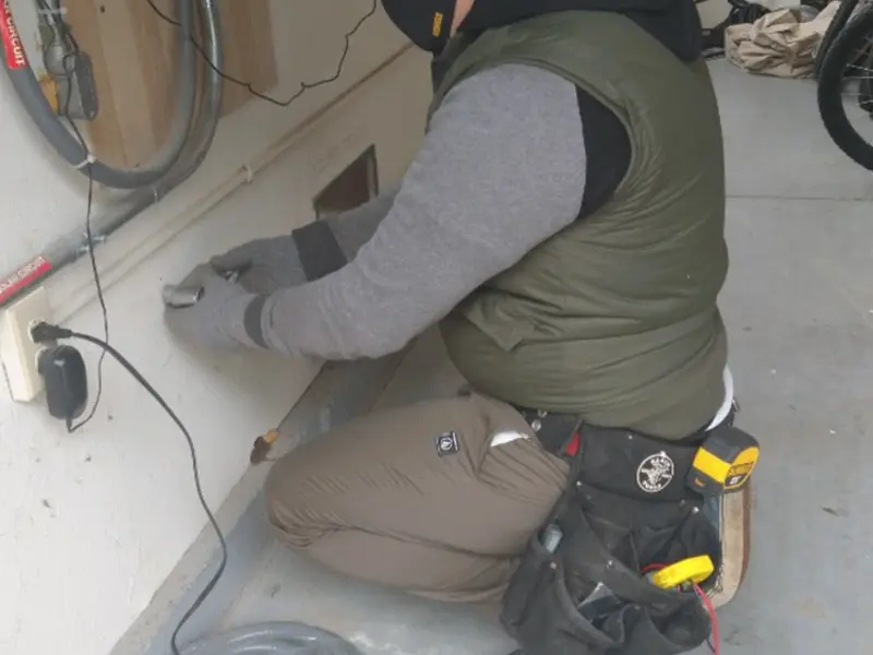 Electrician performing outlet wiring in a Burlington garage